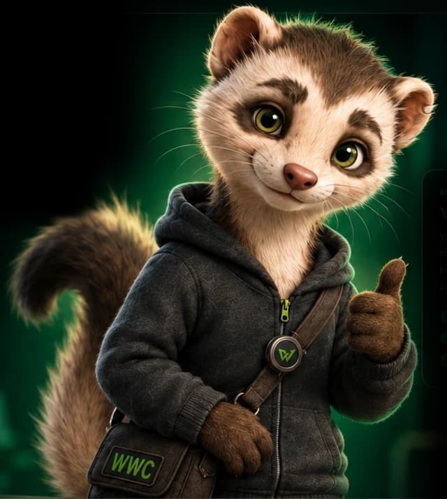 Ward, the ferret with green-hazel eyes, a charcoal WWC hoodie, satchel and curved tail, giving a thumbs-up.